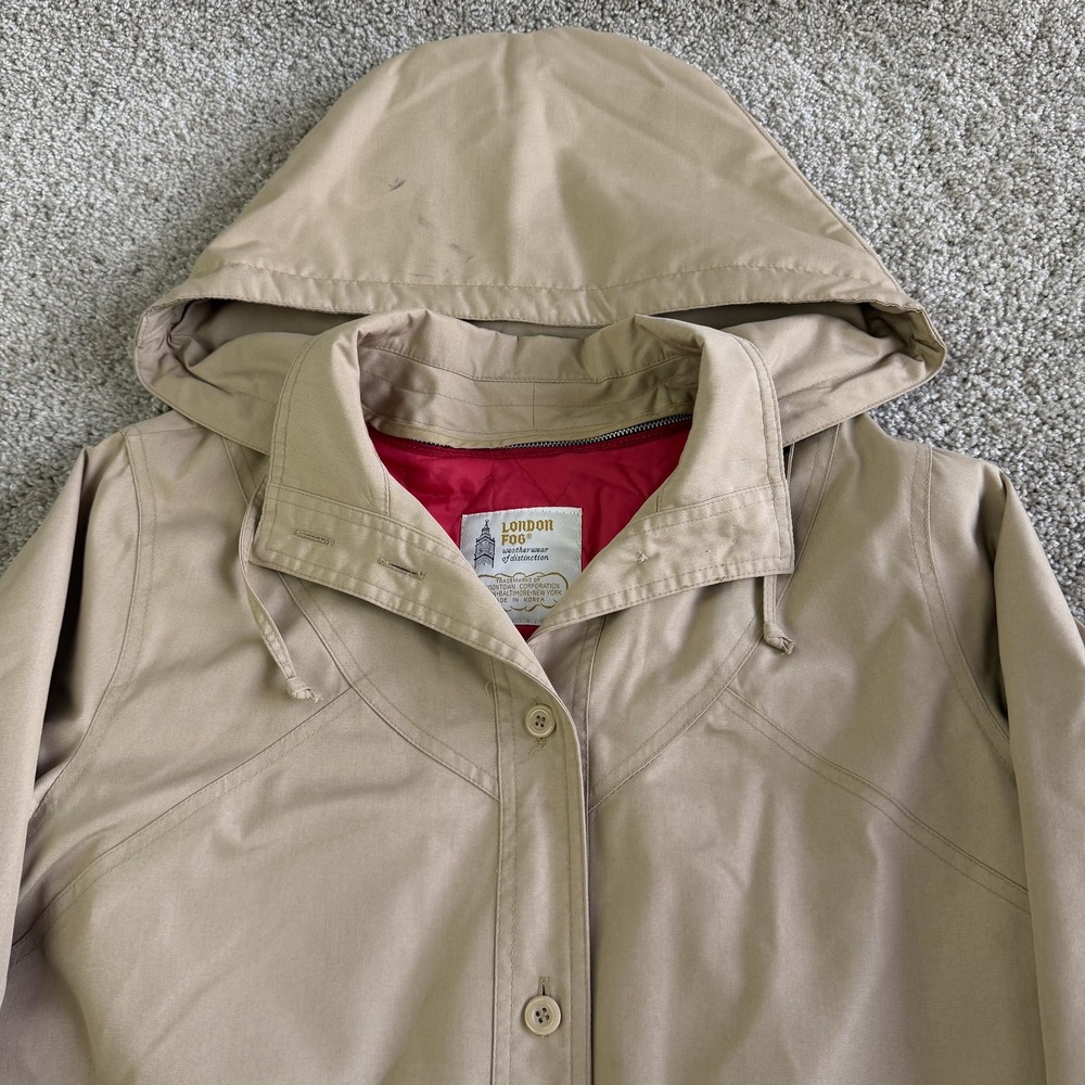 Vintage London Fog Coat Womens 10 Beige Twill Rain Hooded Mid Length Lined Korea